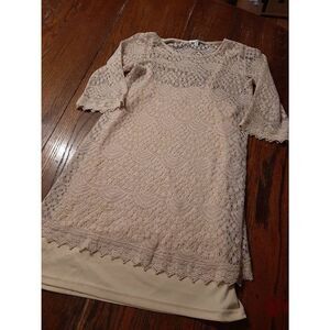 Medium Papaya Lace Overlay Mini Dress Over Spaghetti Strap Cream Khaki Dress
